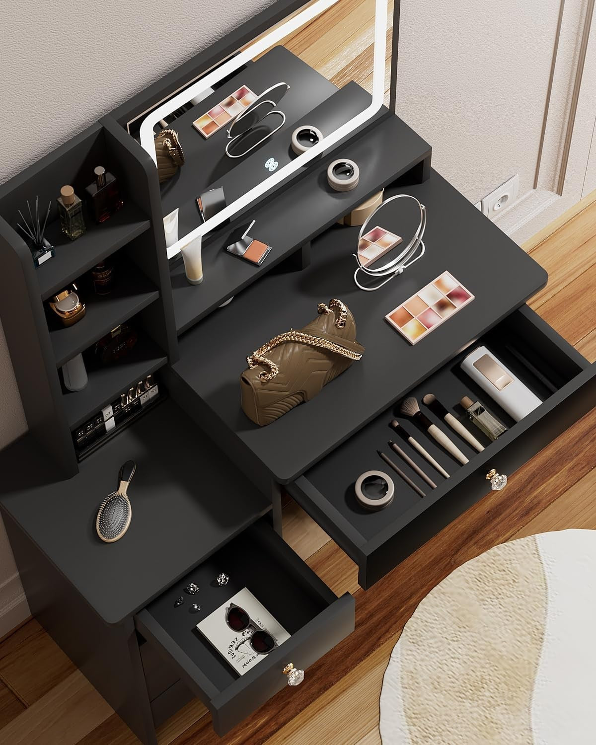 Black Vanity Desk with LED Mirror Lights 5 Drawers Makeup Table Compact 90cm