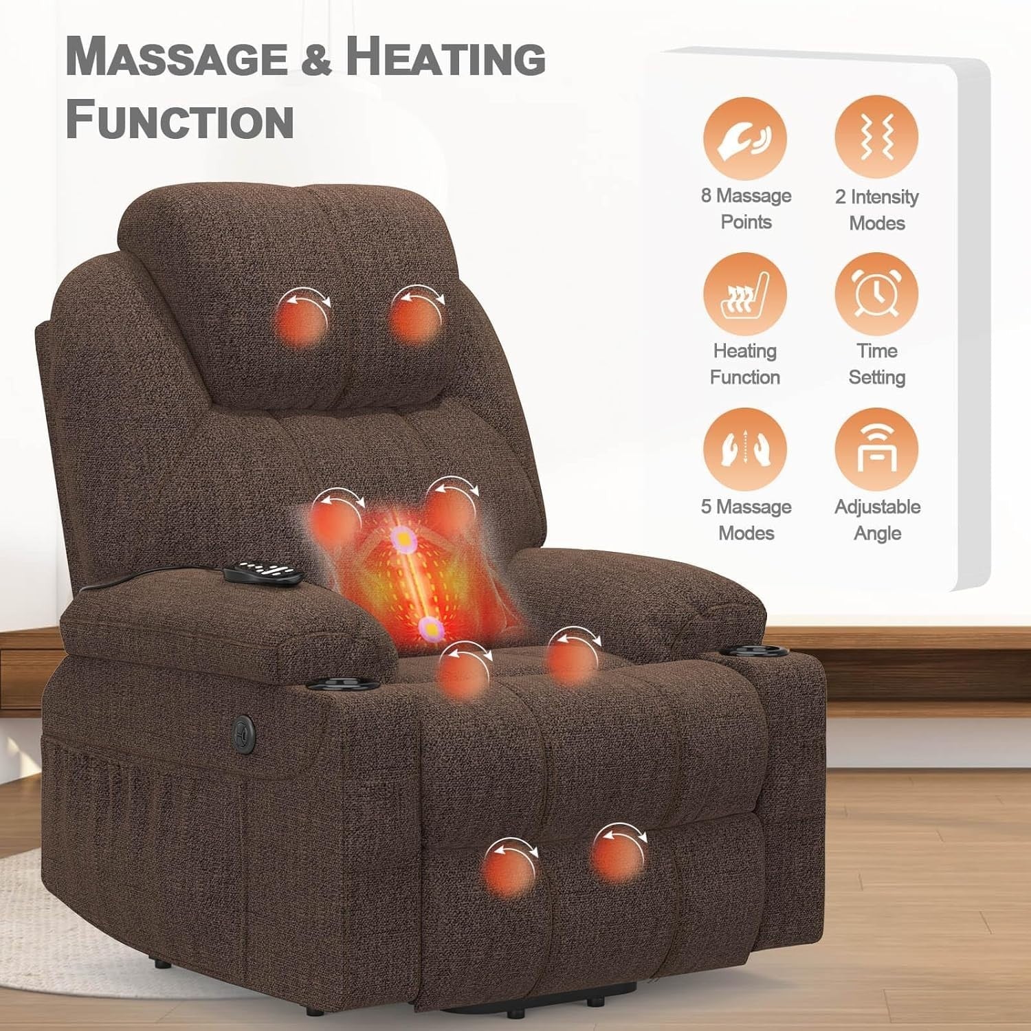 Power Lift Recliner Chair Massage Heat USB Type-C Cup Holders Fabric Dark Brown