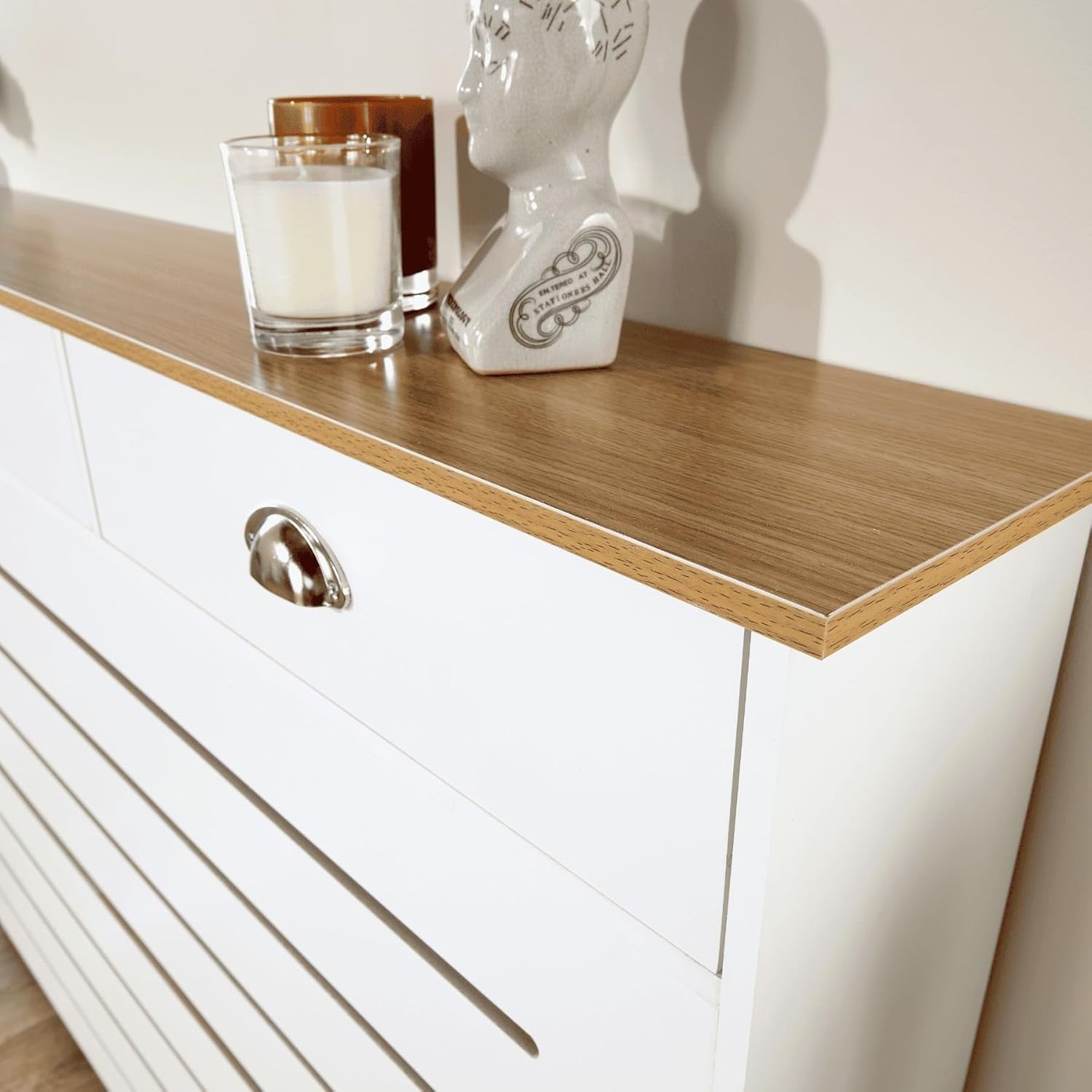 White Radiator Cover with Drawer & Oak Shelf Modern Slatted Cabinet 150cm