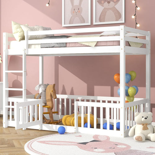 3FT Kids Bunk Bed with Fences & Door, Solid Pine Wood, Safe Play Area.