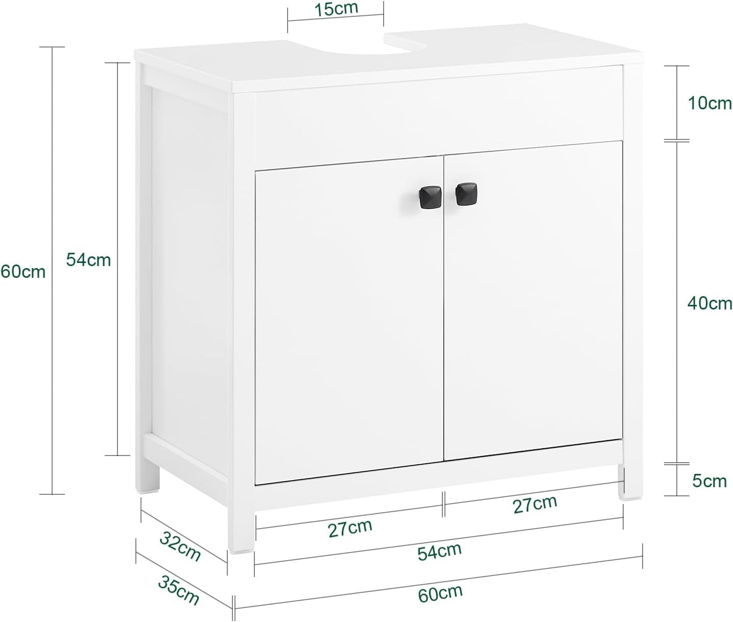 White Bathroom Vanity Cabinet 60cm Under Sink Storage Unit with Double Doors