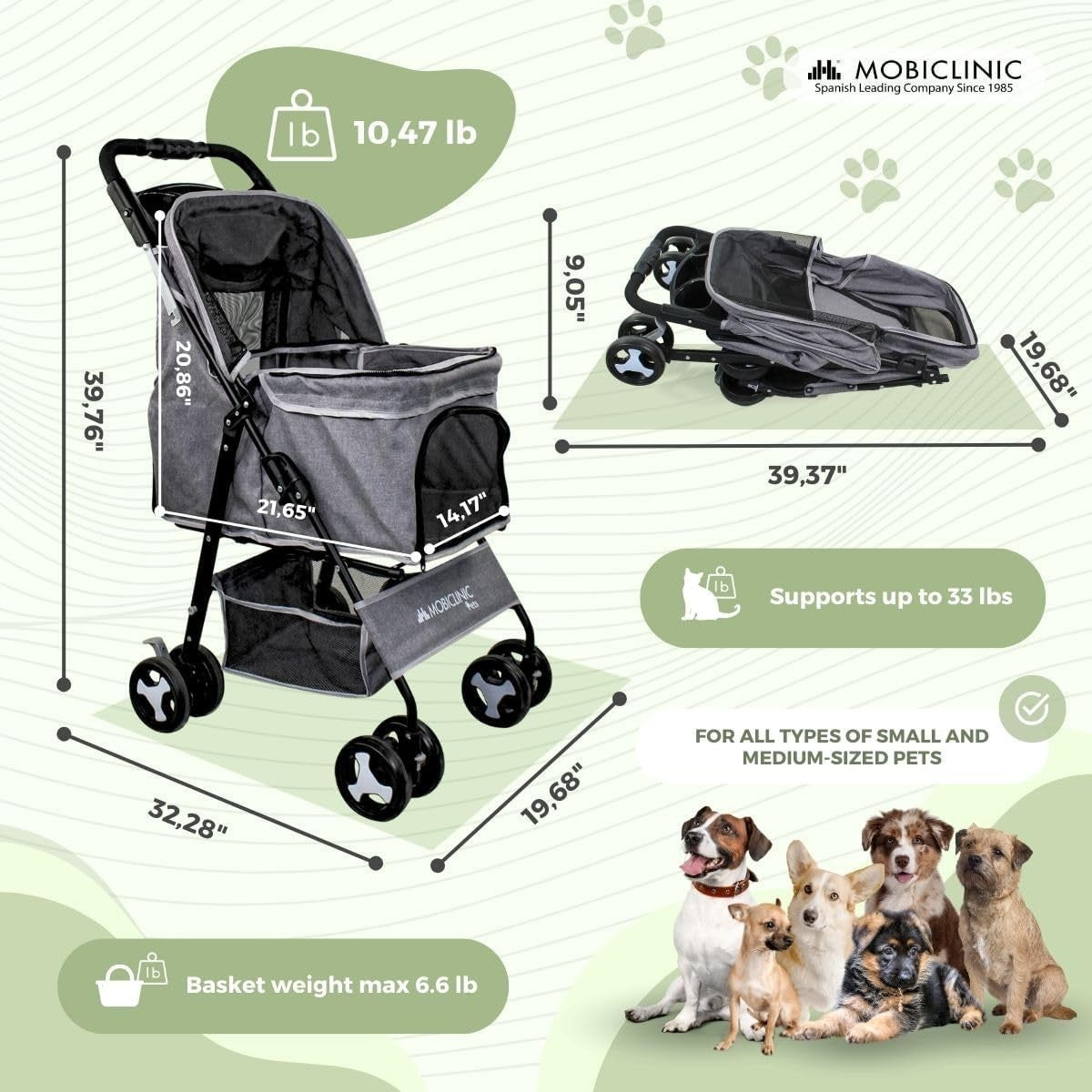 Foldable Dog Pram Pet Stroller 360° Brakes XXL Basket 15kg