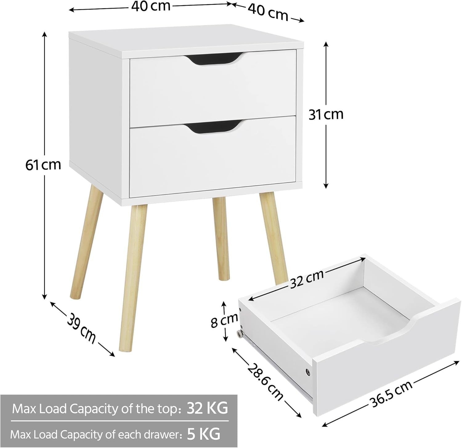 Modern Bedside Tables Set of 2 with Drawers & Wooden Legs