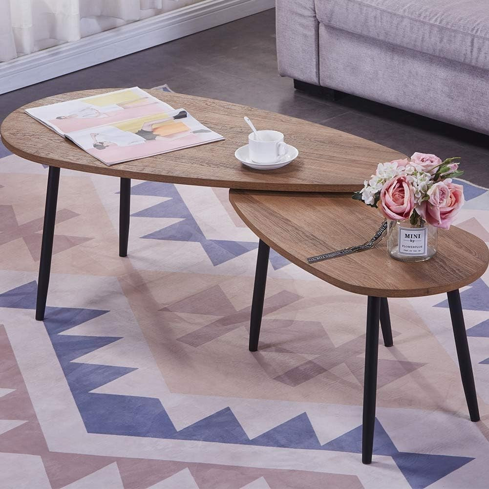 Modern Nesting Coffee Table Set – 2 Walnut Triangle Tables, Metal Legs