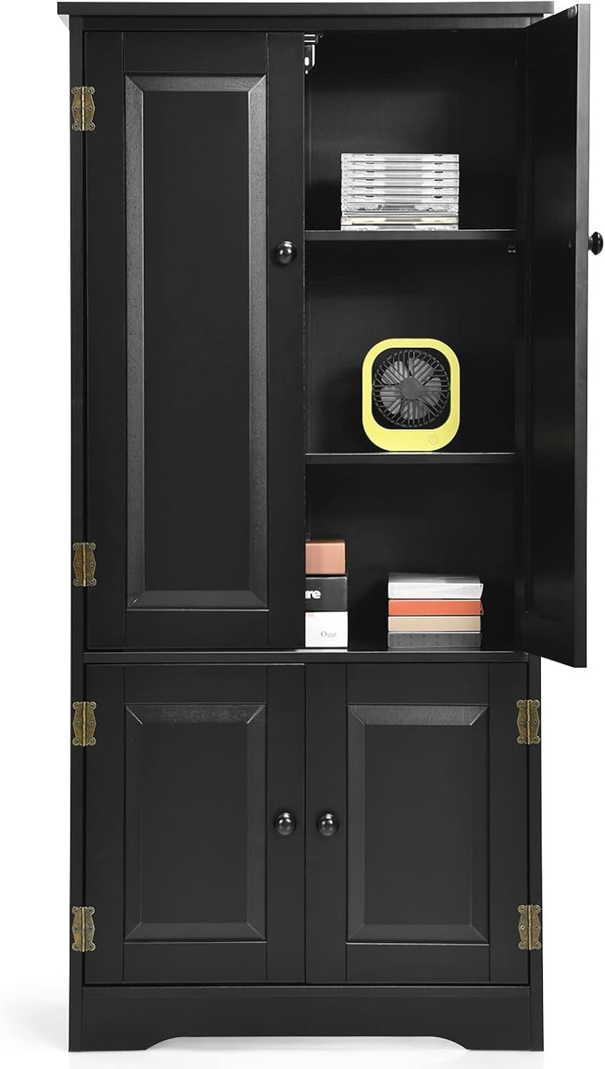 Black Wood Storage Cabinet 4 Door Cupboard | Adjustable Shelves Freestanding Uni