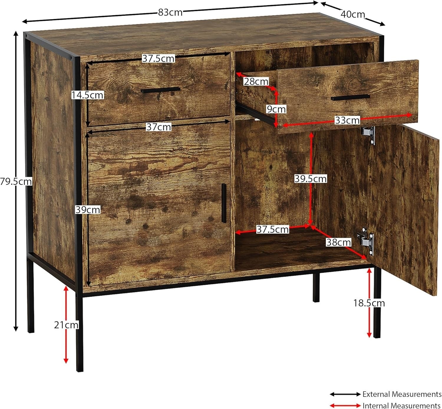 Industrial Dark Wood Sideboard Storage Cabinet 2 Door 2 Drawer Metal Legs