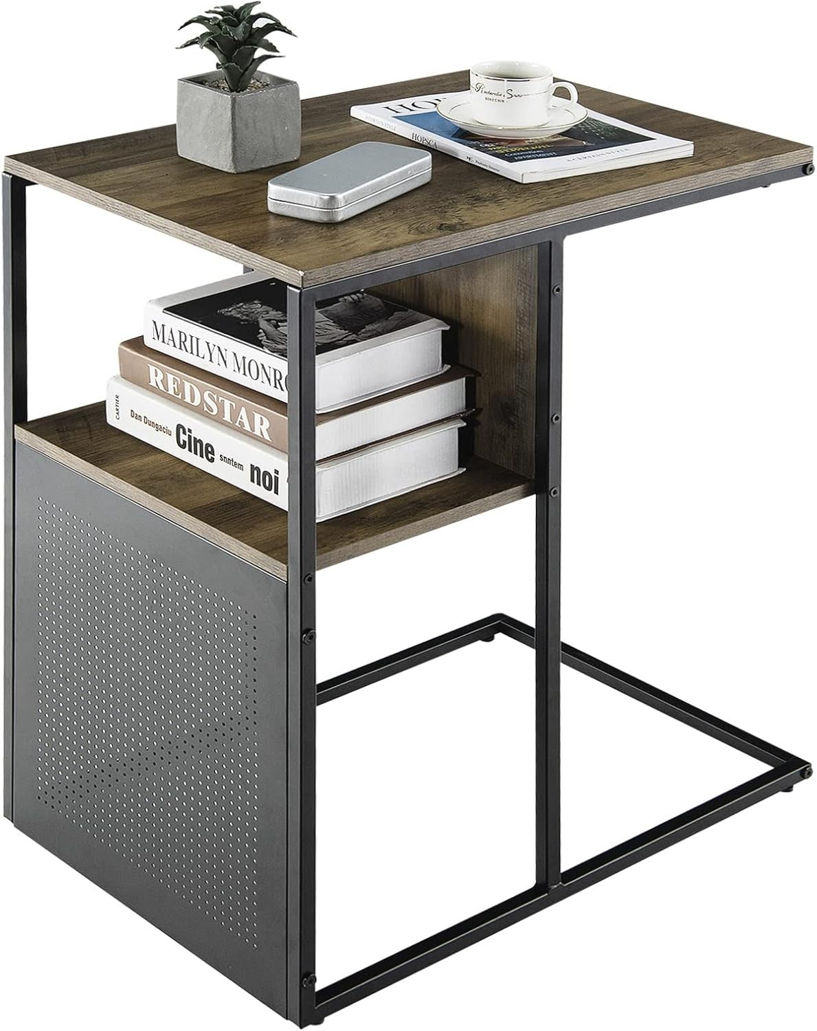 Reversible C-Shaped Industrial Side Table with Storage Shelf – Metal & Wood Beds
