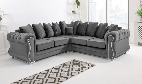 Grey Plush Velvet 5 Seater Corner Sofa with Foam Cushions & Button Tufted