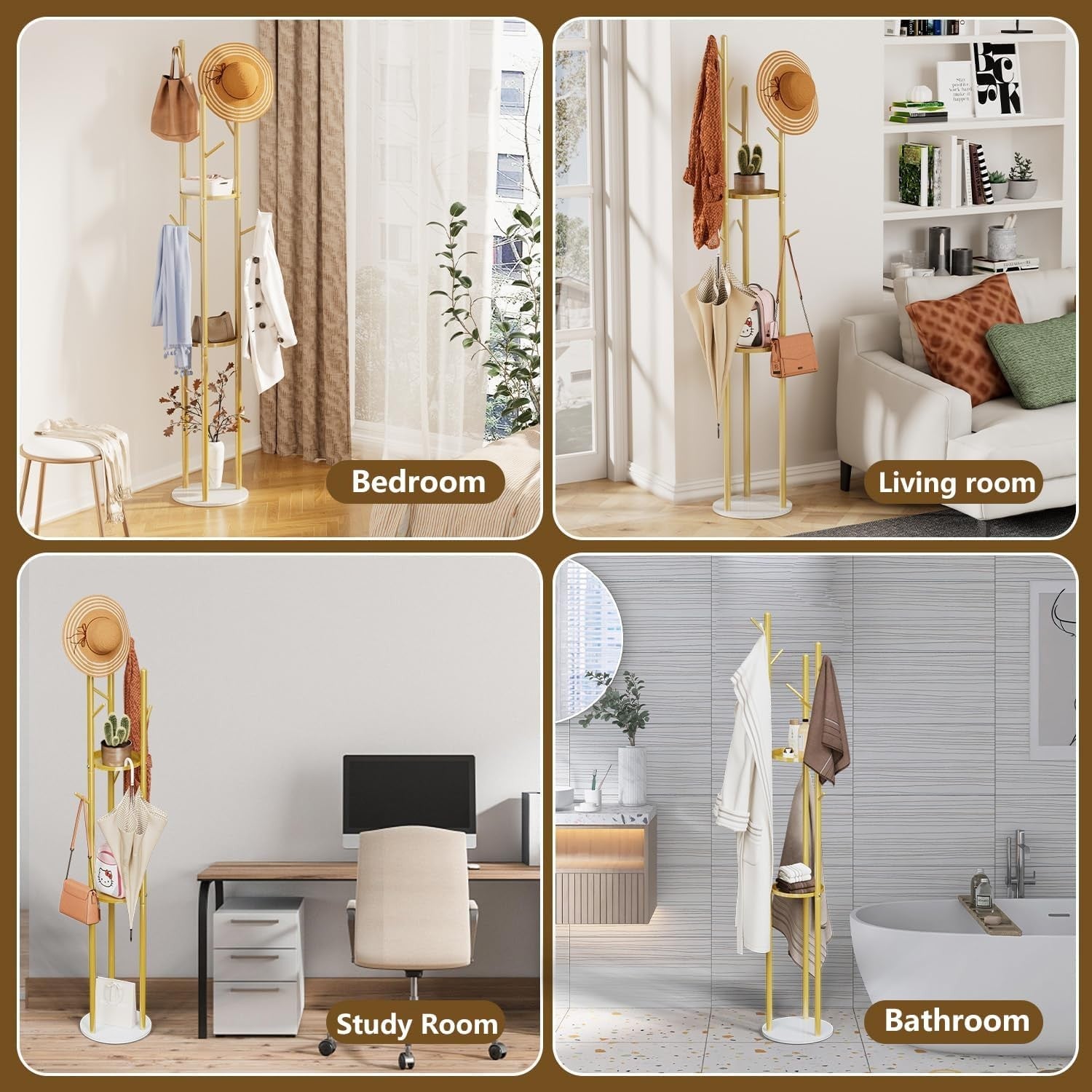 Modern Gold Metal Coat Rack with Shelves | Freestanding Hall Tree Organizer Stan