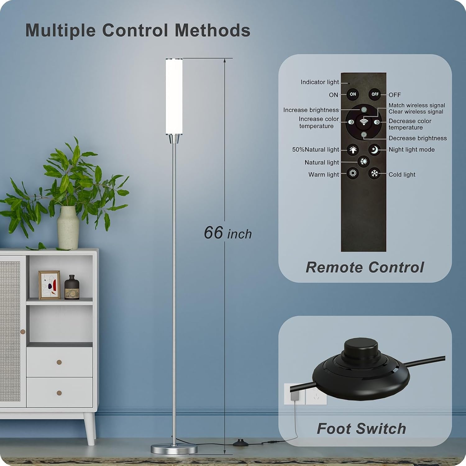 Dimmable LED Floor Lamp Remote Control Nickel Standing Corner Light