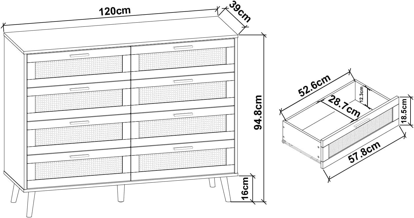 Rattan Chest of 8 Drawers Black Wood Storage Unit Bedroom Hallway Modern