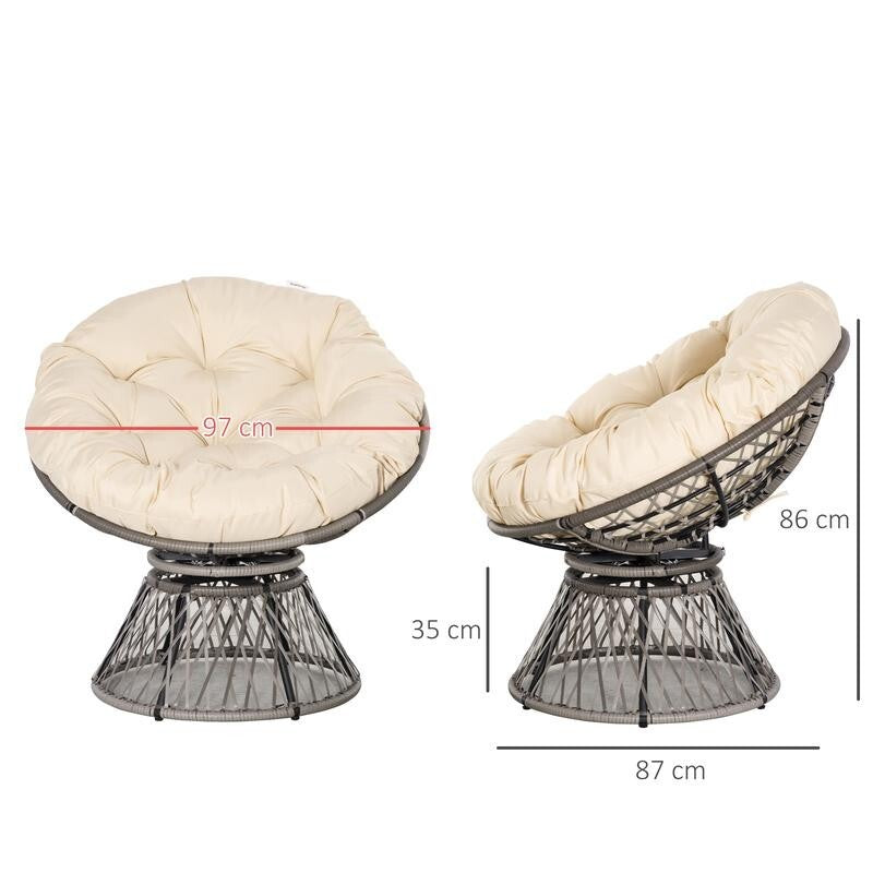 Rattan Swivel Papasan Chair Outdoor Round Wicker Seat w/ Cushion Beige 360°