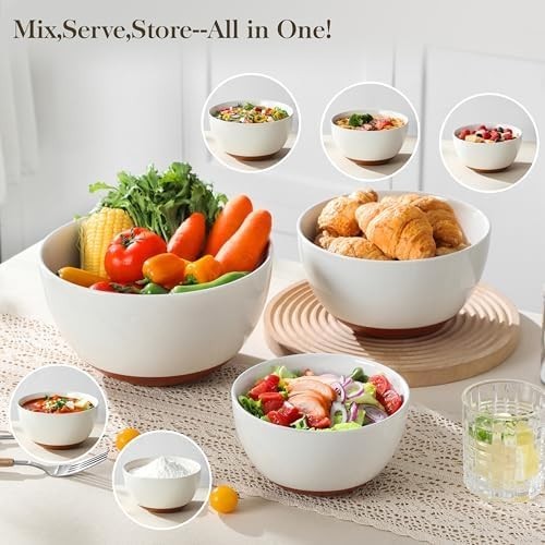Large Ceramic Mixing Bowls Set of 3 Nesting Salad Soup Prep Bowls
