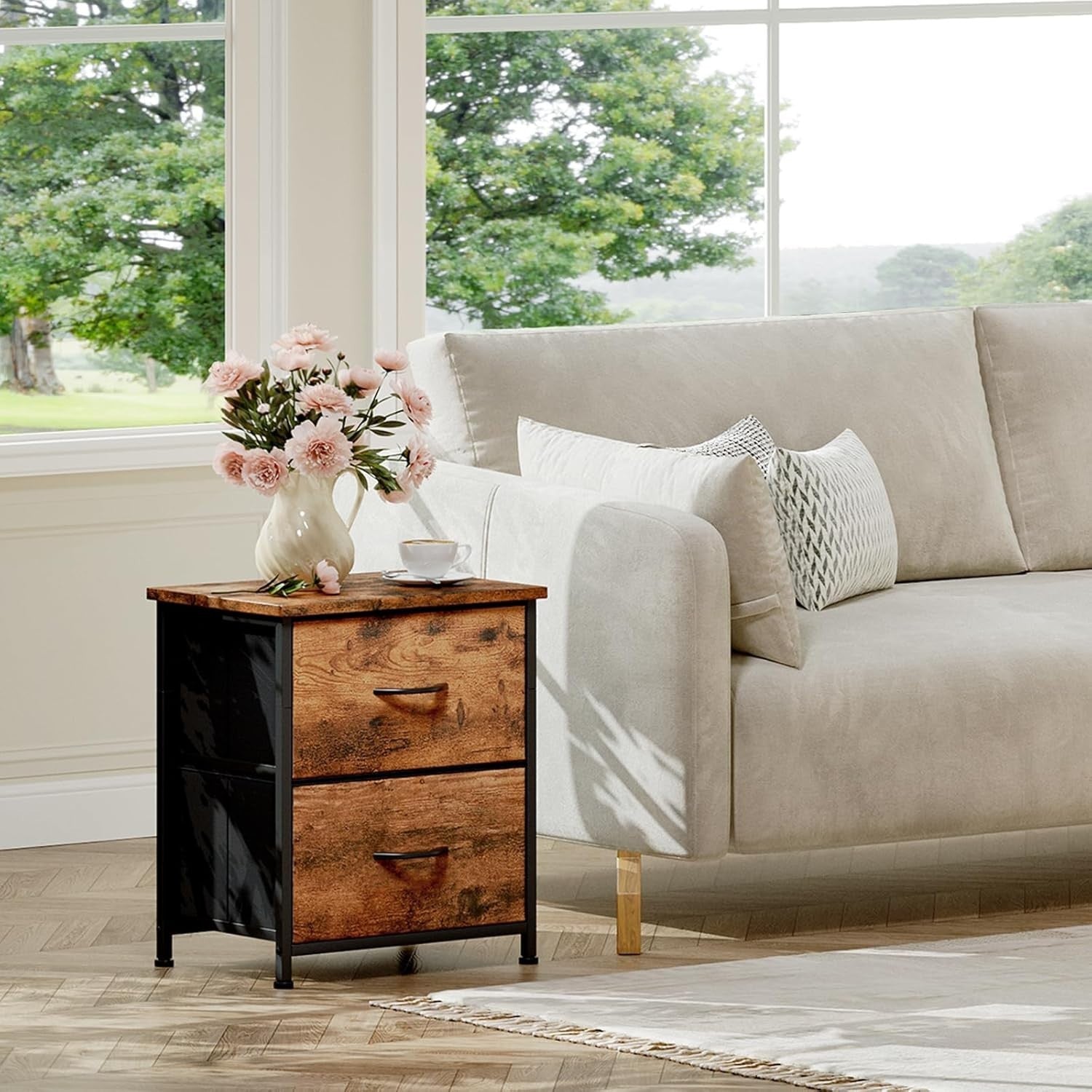 Rustic Wood Bedside Tables Set of 2 with Fabric Drawers, Industrial Nightstands