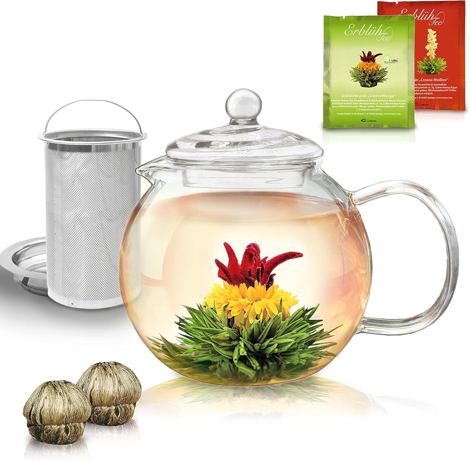 1.3L Glass Teapot Gift Set with Blooming Tea Flowers & Infuser