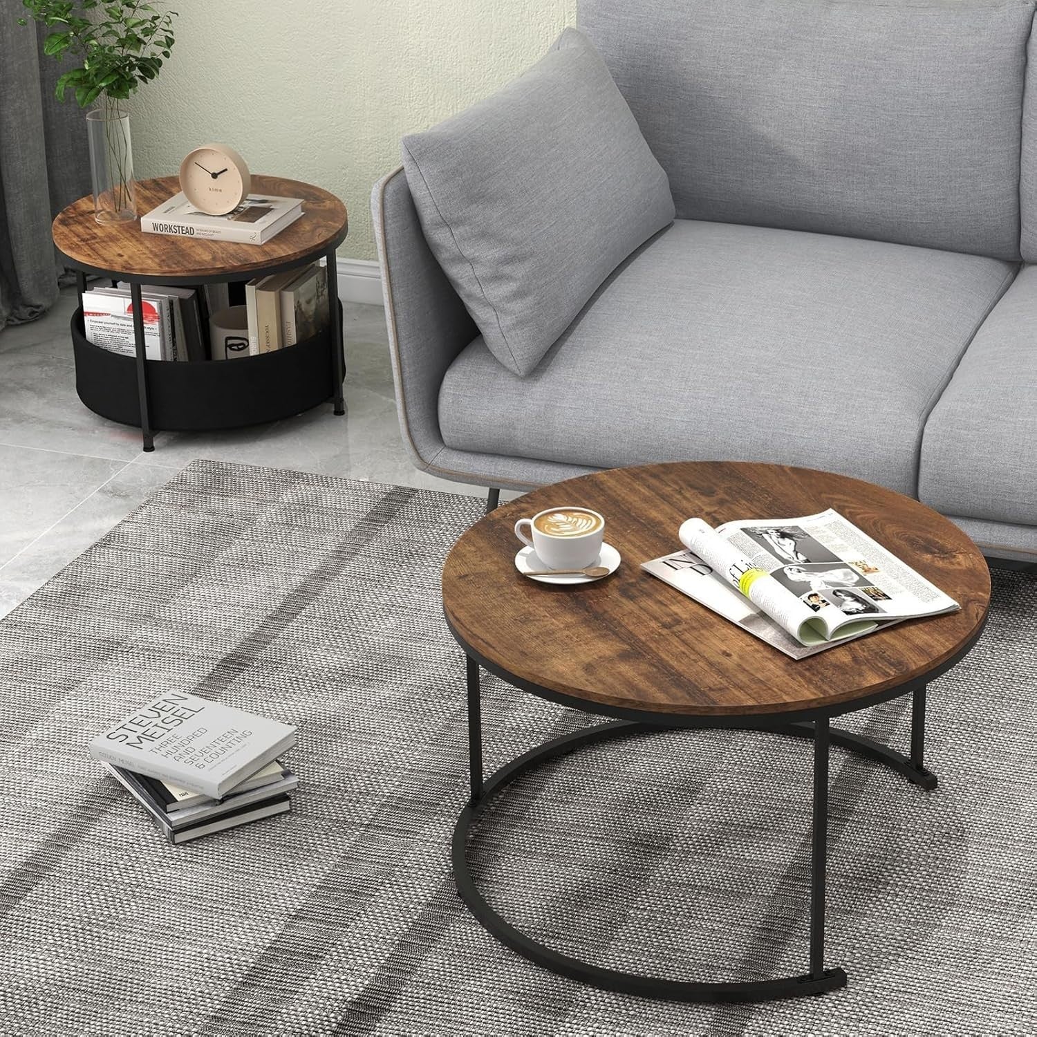 Nesting Coffee Table Set of 2 Round Side End Tables Rustic Industrial Metal