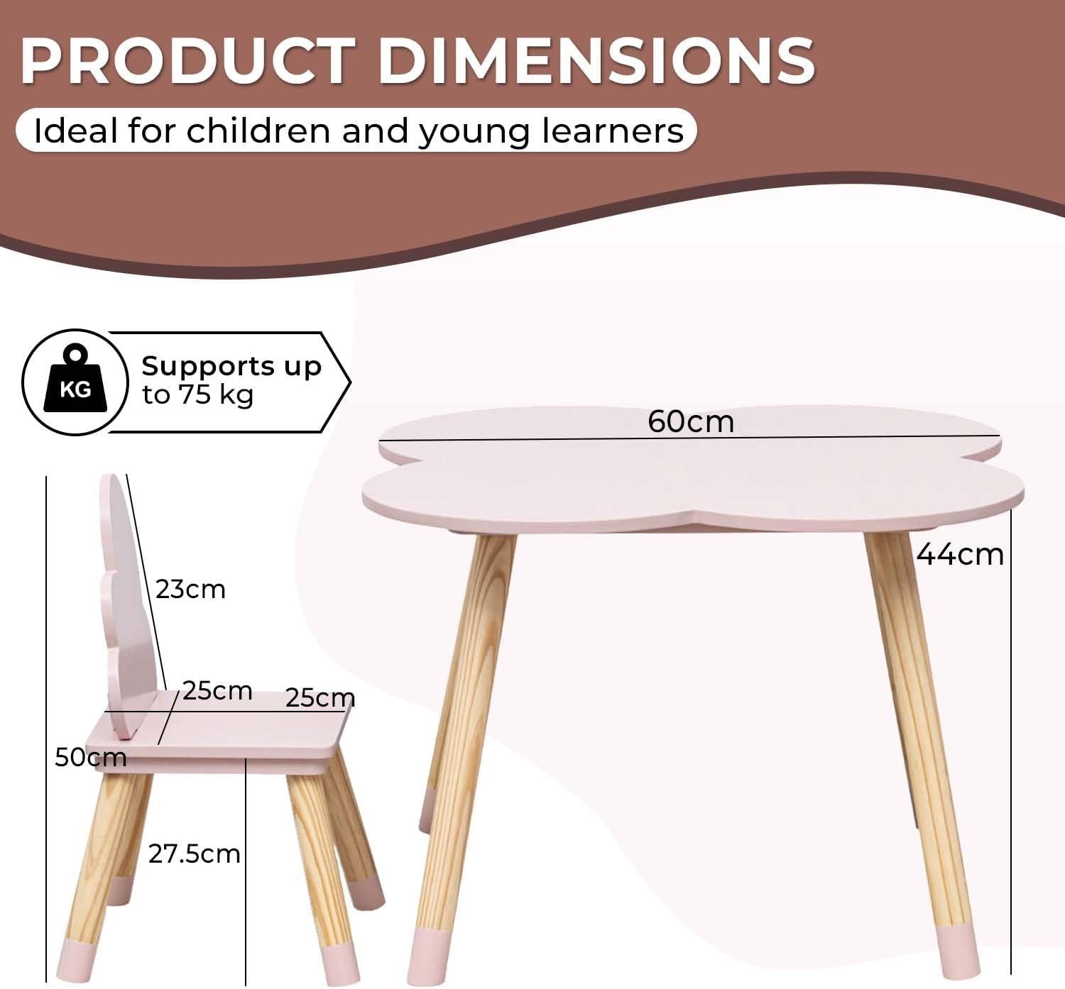 Kids Table & 2 Chairs Set Pink & Brown, Safe Rounded Edges, MDF Pine