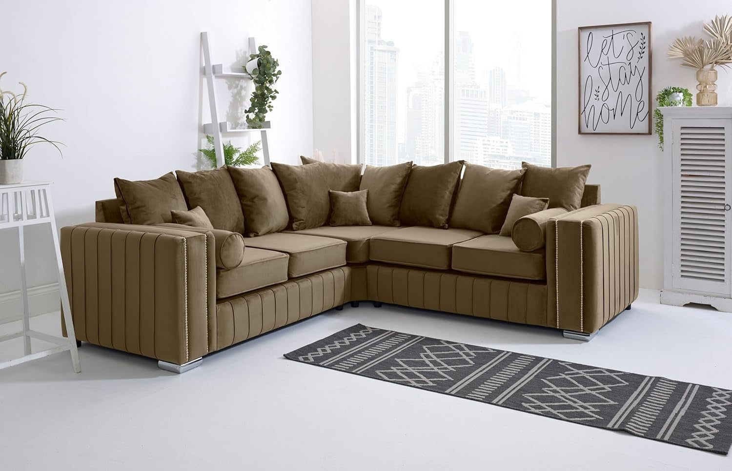 Mink Velvet Corner Sofa 5 Seater | Foam Cushions | Scatterback | Chrome Feet