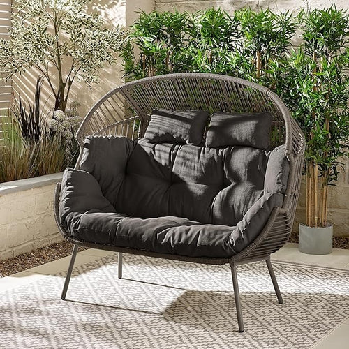 Grey Rattan Double Egg Chair 2 Seater Garden Patio Furniture w/ Cushions & Cover