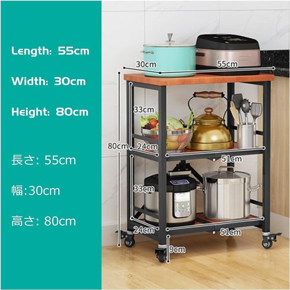 Natural Folding Kitchen Cart Stainless Steel 3-Tier Trolley w/ Wheels