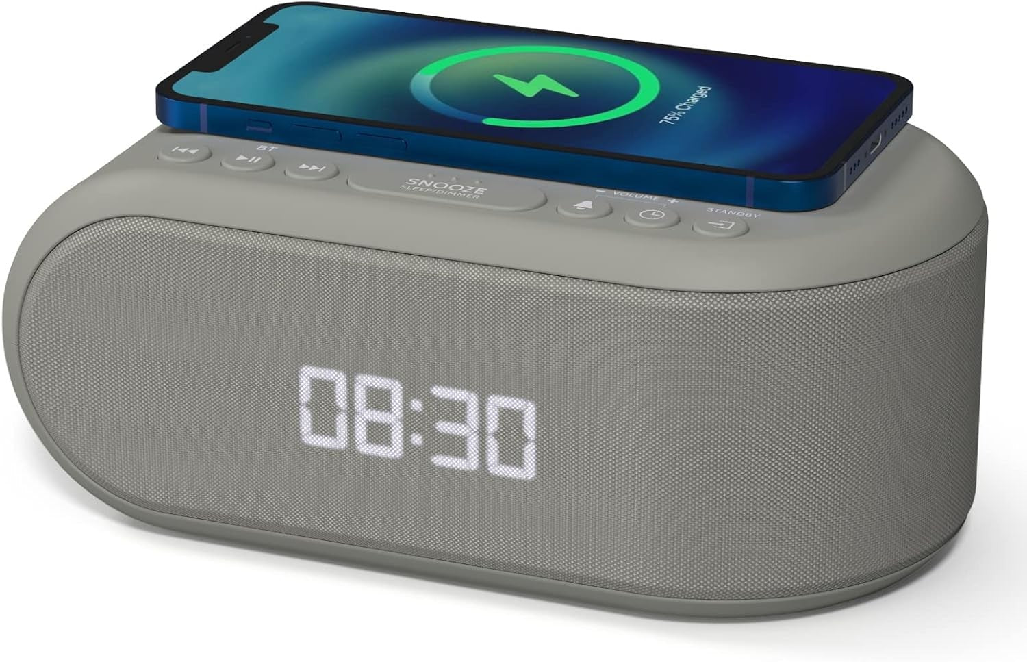 Grey Wireless Charging Alarm Clock Bluetooth Speaker FM Radio Dual Alarm