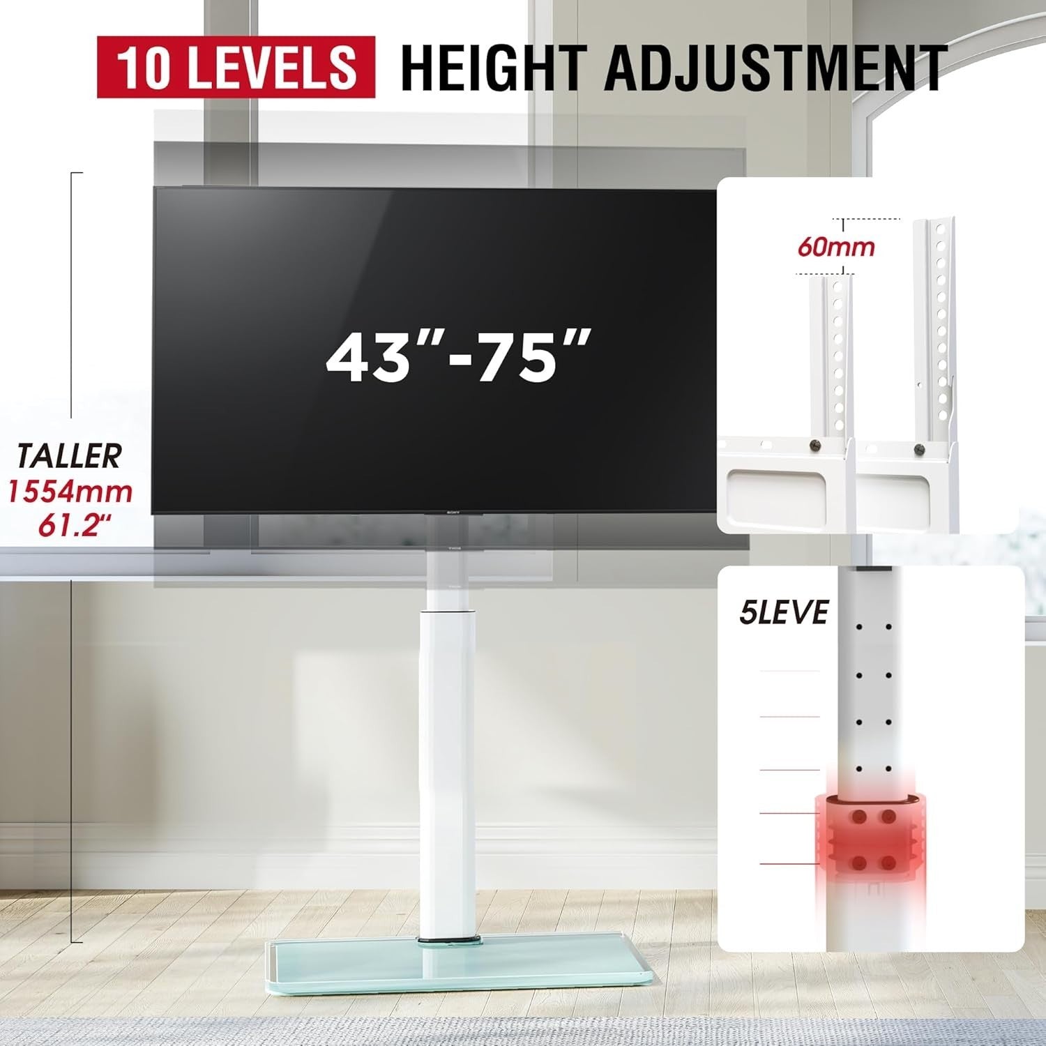Adjustable TV Floor Stand 43-75" Swivel Tilt 1554mm Height Max 50kg Load