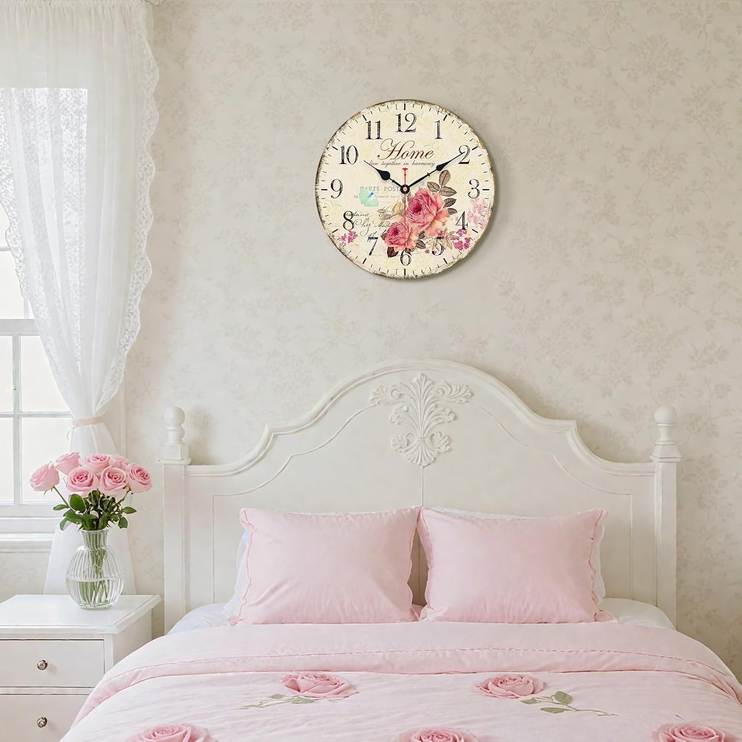 14” Vintage Floral Wall Clock Silent Non-Ticking Wooden Retro Arabic Numerals De
