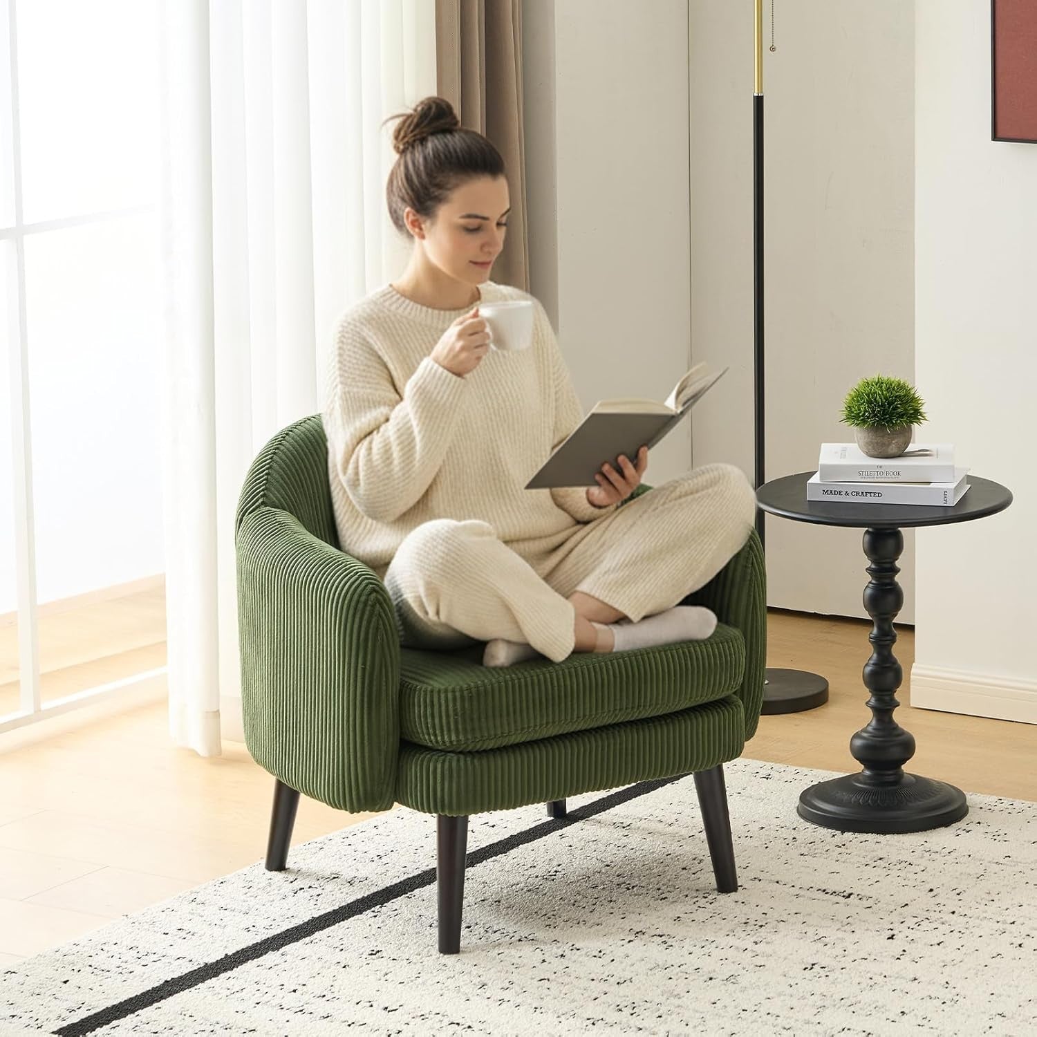 Modern Corduroy Armchair Wide Accent Chair Dark Green Wood Legs