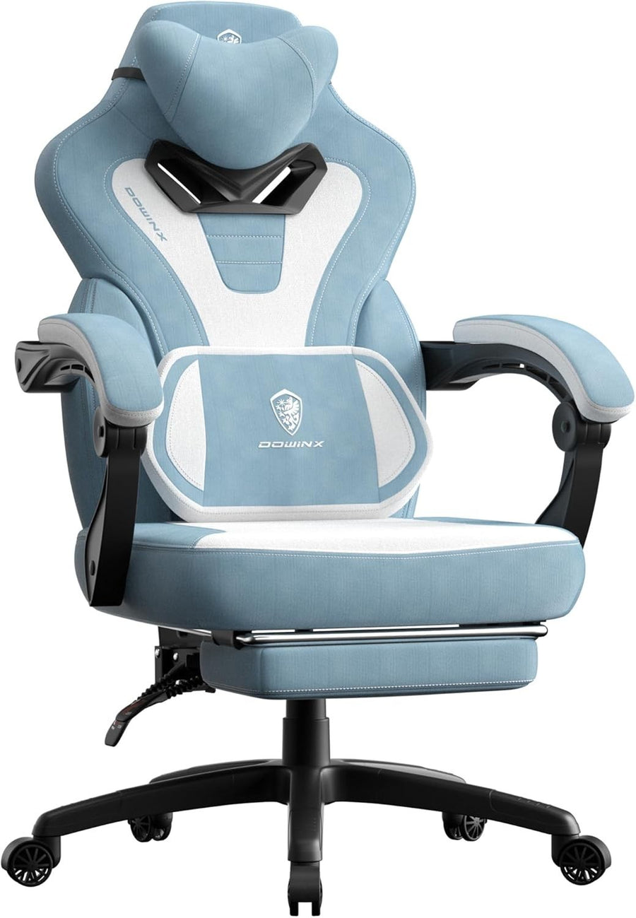 Gaming Chair Reclining Office Desk Chair Massage Footrest Blue White Fabric