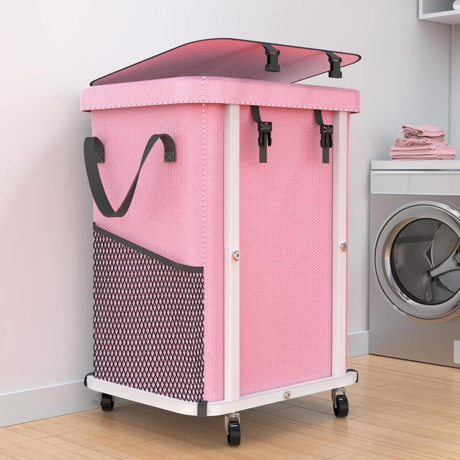 150L Pink Laundry Hamper with Wheels Heavy Duty Large Rolling Clothes Basket