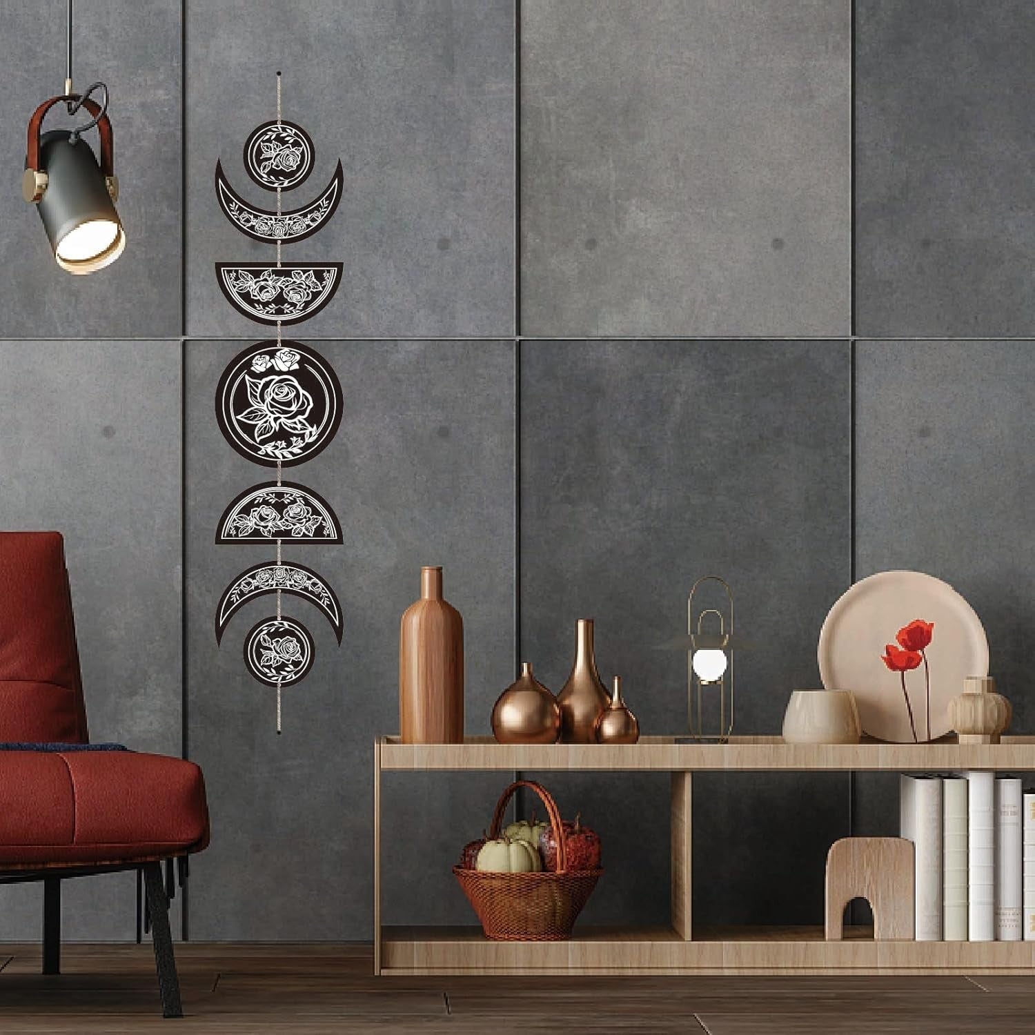 Moon Phase Wall Decor Wooden Boho 7-Piece Rose Flower Art