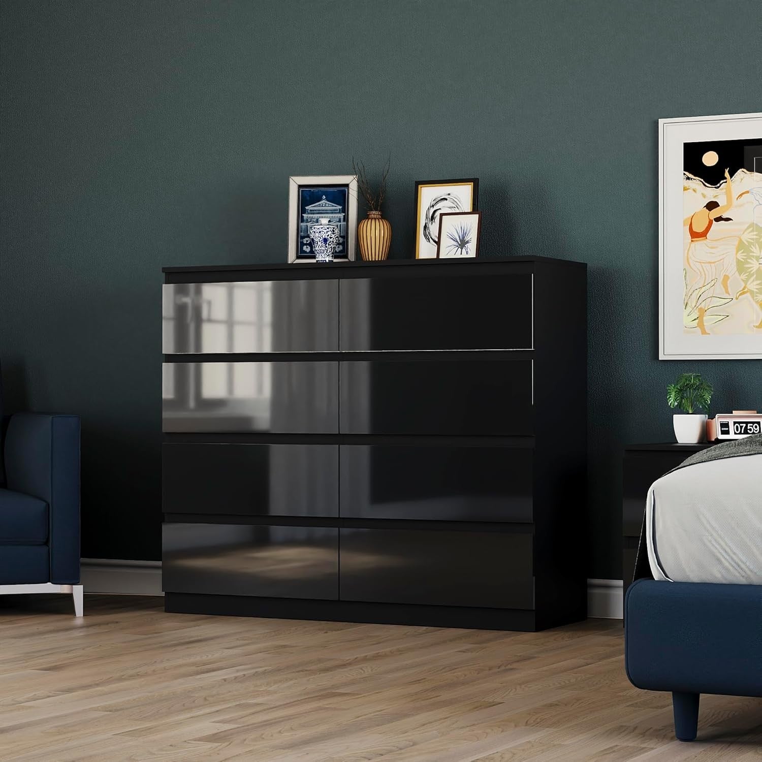 Black High Gloss 8 Drawer Chest Modern Storage Cabinet Bedroom Organizer