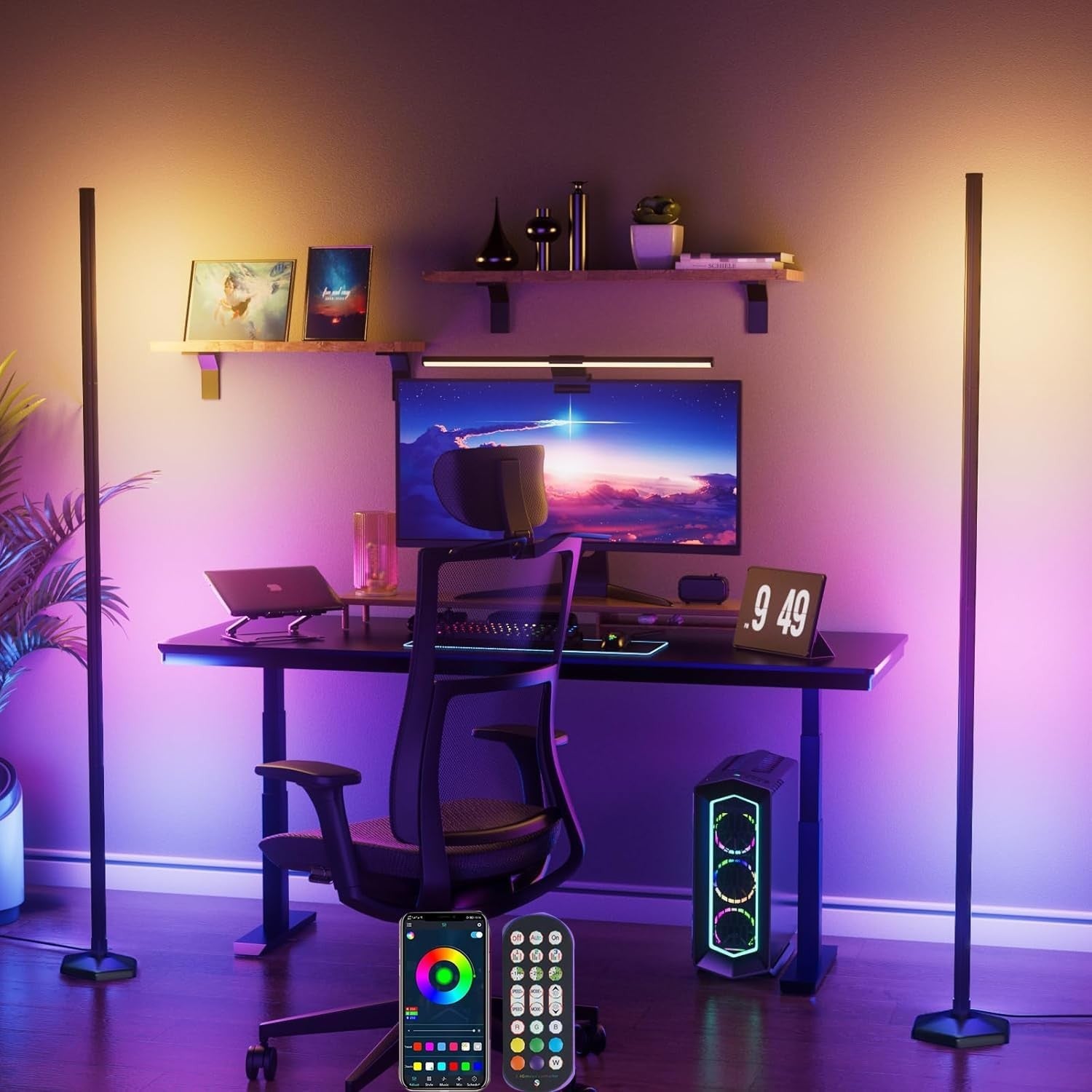 RGB Corner Floor Lamp 2 Pack App Remote Music Sync LED Mood Light Gaming Room