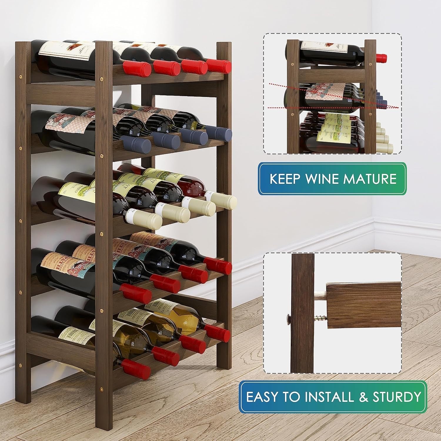 5 Tier Wooden Wine Rack 20 Bottle Free Standing Storage Shelf Walnut Kitchen Bar