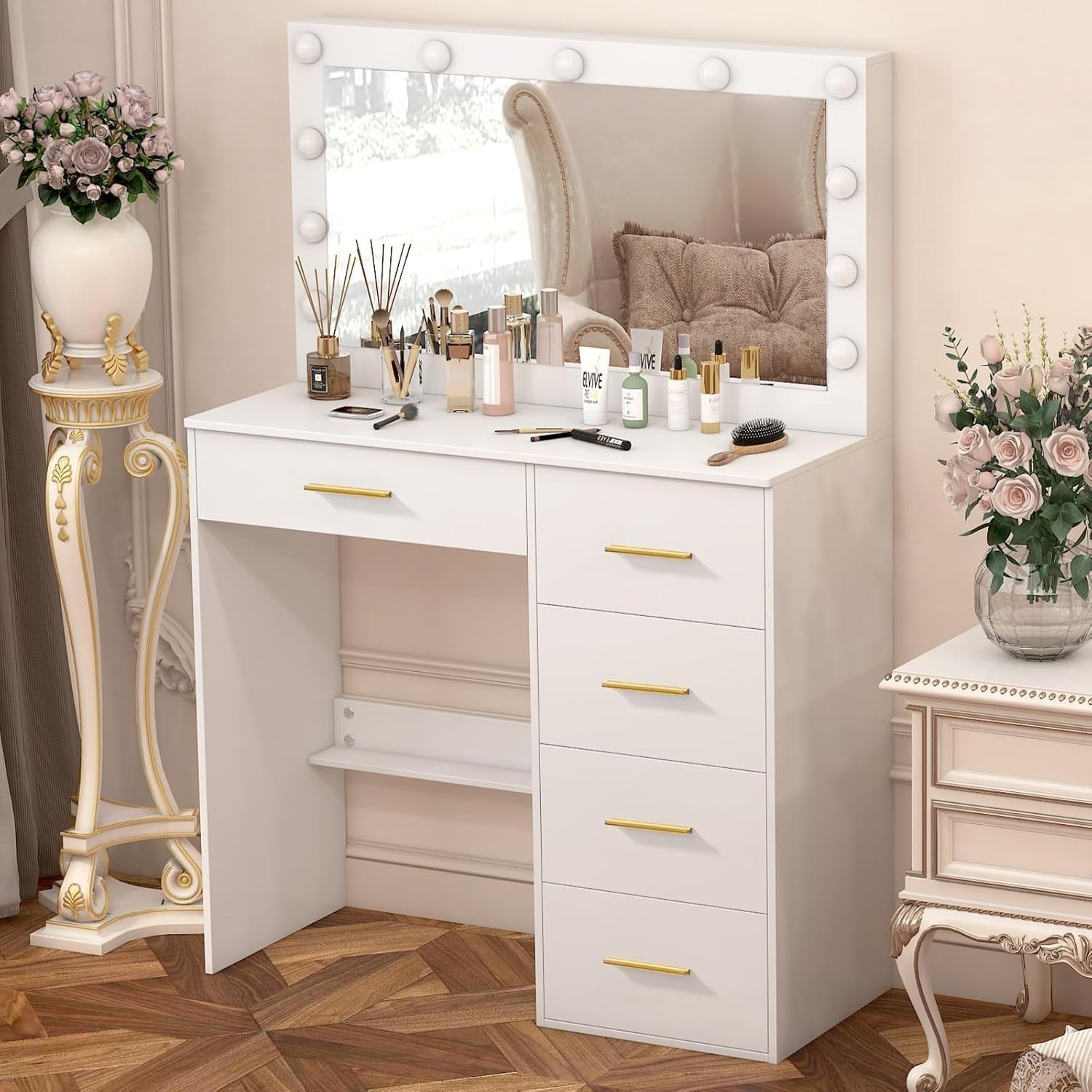 Vanity Table Large Lighted Mirror Desk 3 Color LED 5 Drawer Engineered Wood