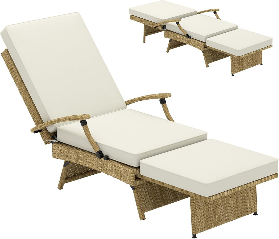 Outdoor Rattan Recliner Chair with Cushion & Footrest Adjustable Garden Lounger