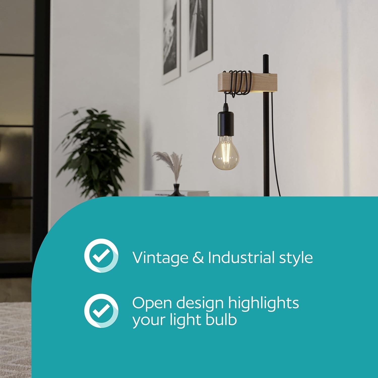 Vintage Industrial Table Lamp Wood & Steel Bedside Light E27 Switch