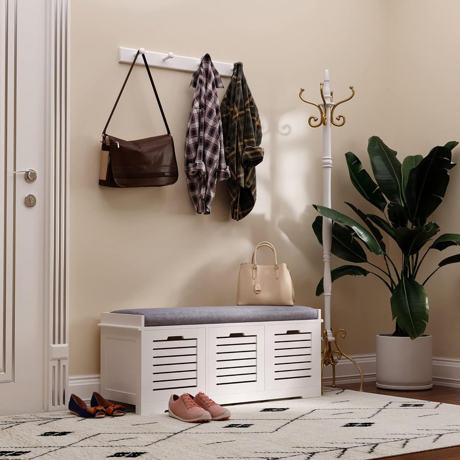 Shoe Storage Bench with 3 Drawers & Removable Cushion – Grey Hallway Seat