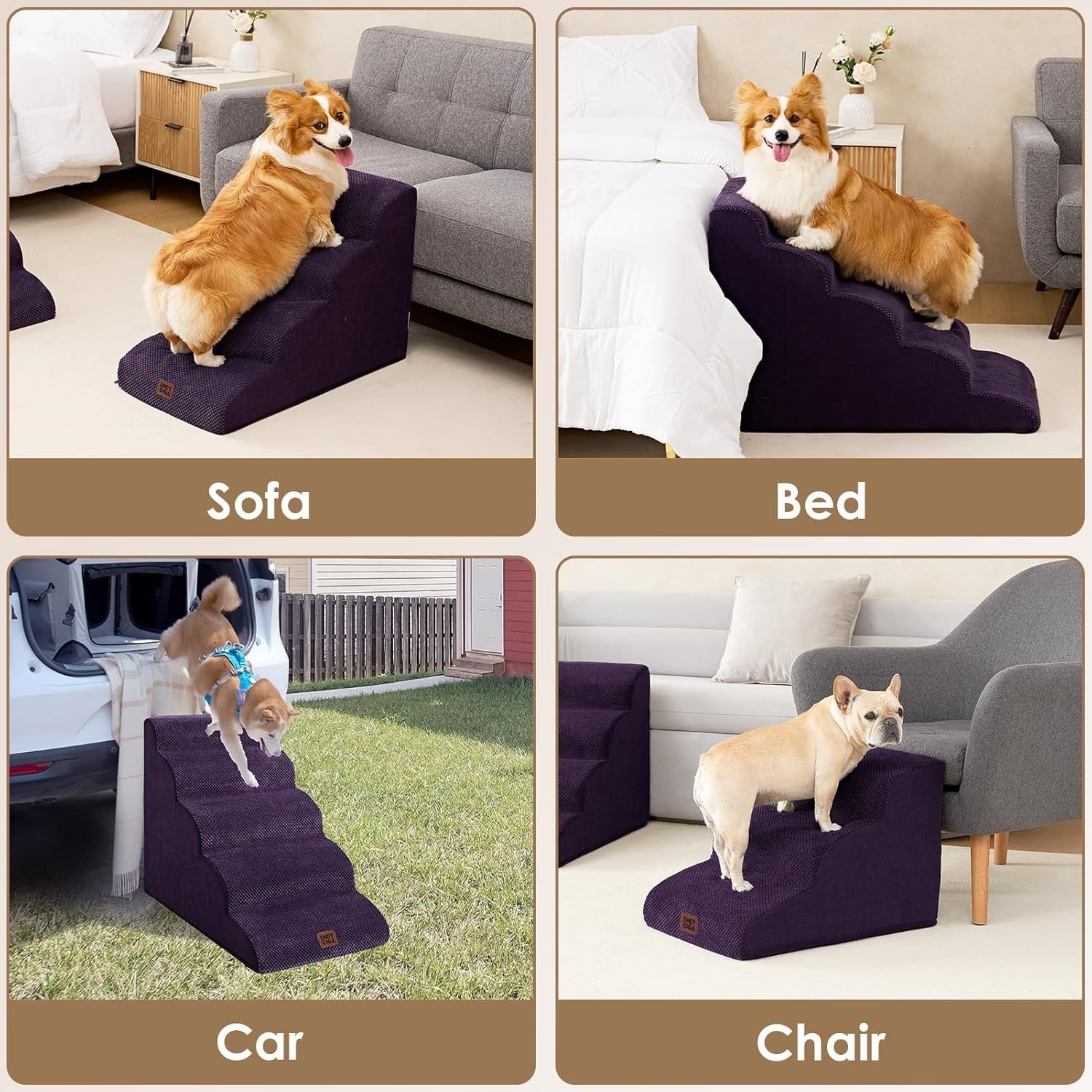 3 Step Dog Stairs for Bed Non Slip Foam Pet Steps Purple