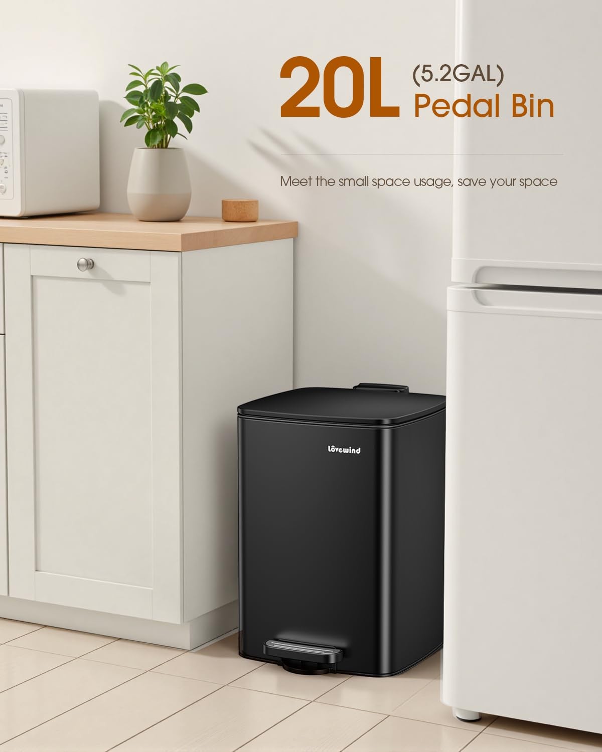 20L Black Pedal Kitchen Bin Soft Close Stainless Steel