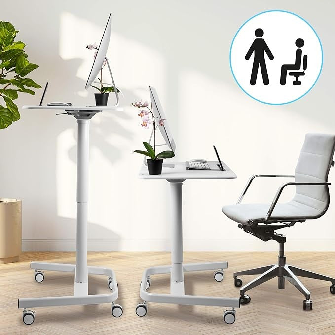Mobile Sit Stand Desk on Wheels Adjustable Laptop Table Ergonomic White