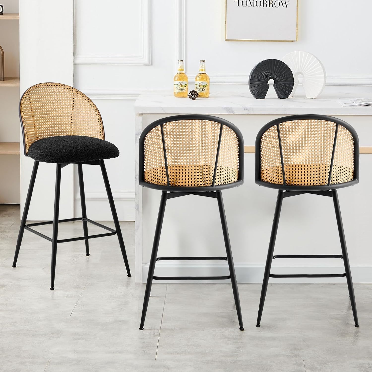 Swivel Rattan Counter Stools Set of 2 Upholstered Seats Kitchen Island Chairs