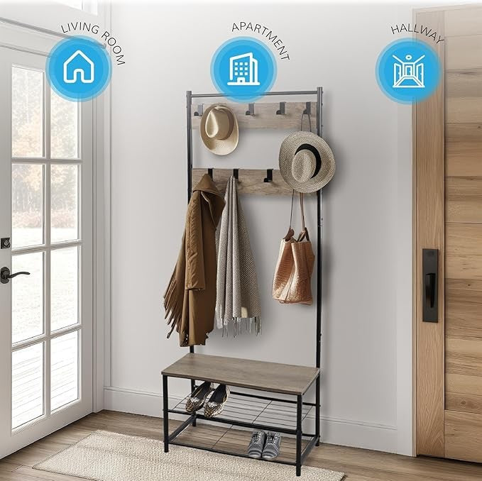 Light Brown Coat Rack with Shoe Storage | Industrial Hall Tree Stand