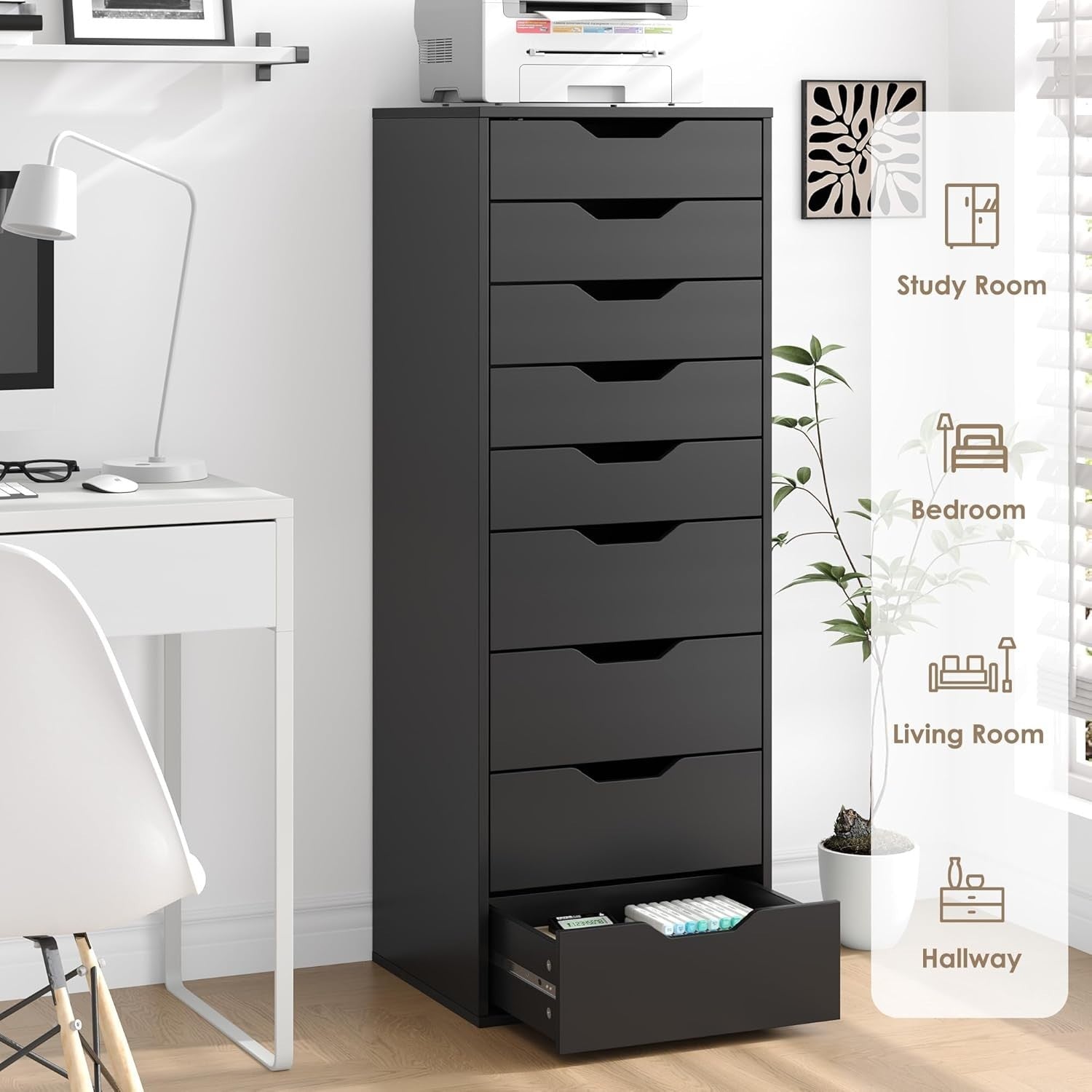 Tall Black 9 Drawer Chest Storage Cabinet Dresser Unit 124x45x40cm Modern