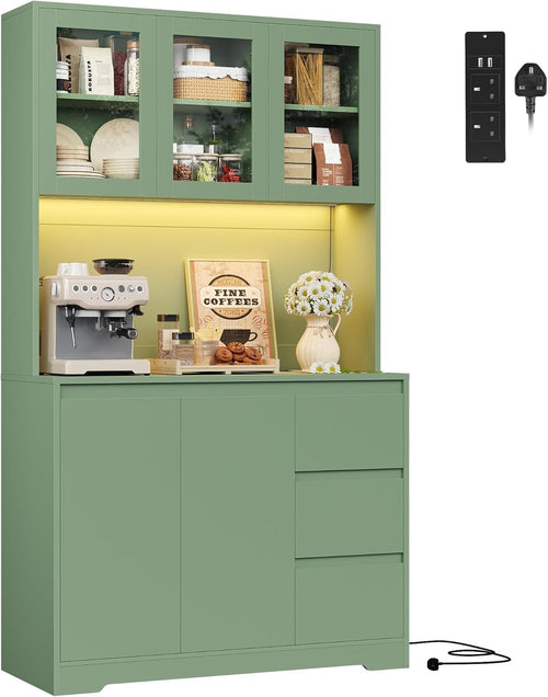 Green Tall Kitchen Cupboard with LED, Sockets, Drawers & Shelves