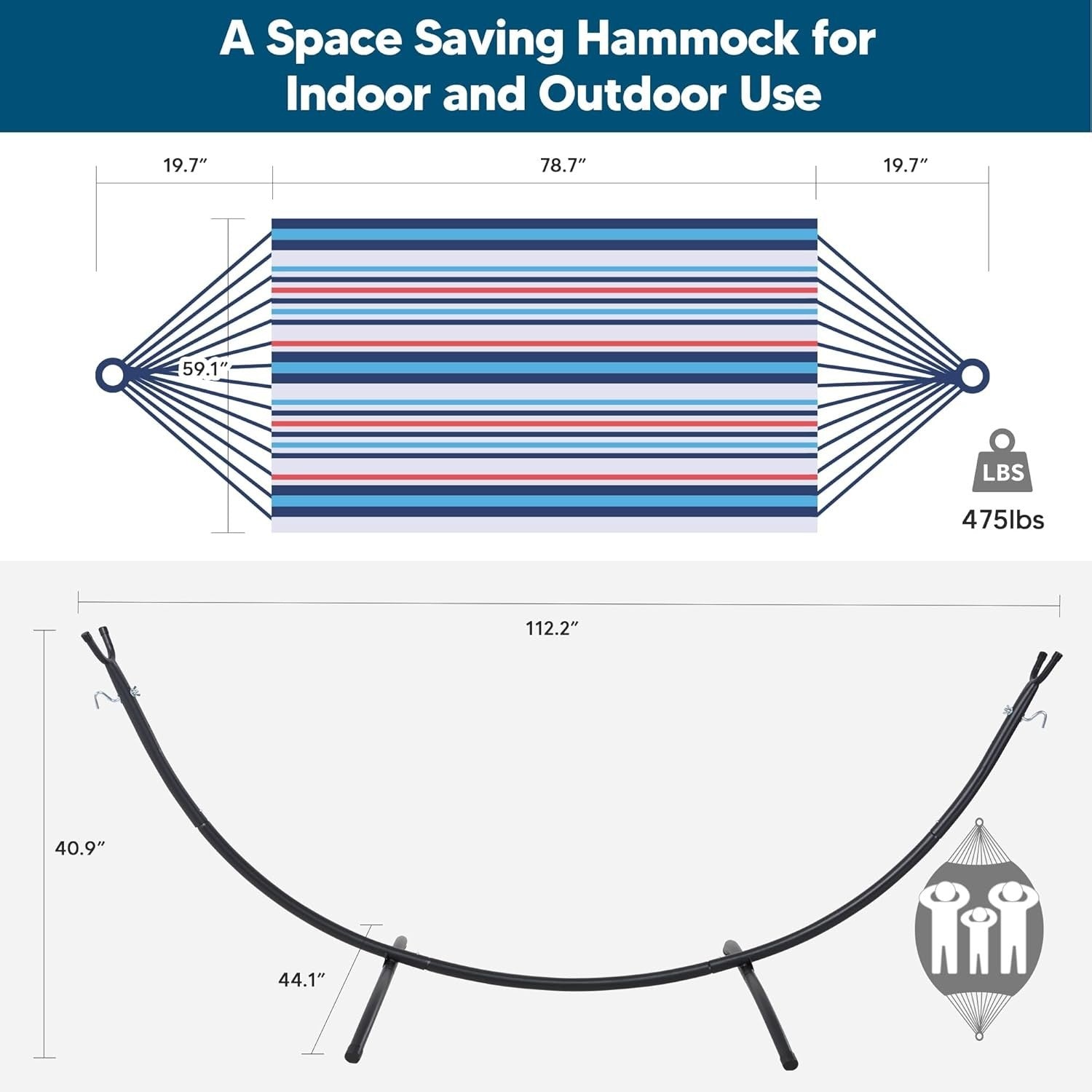 Blue Red Hammock with Stand | 2-3 Person 475lb Capacity | Portable Patio Bed