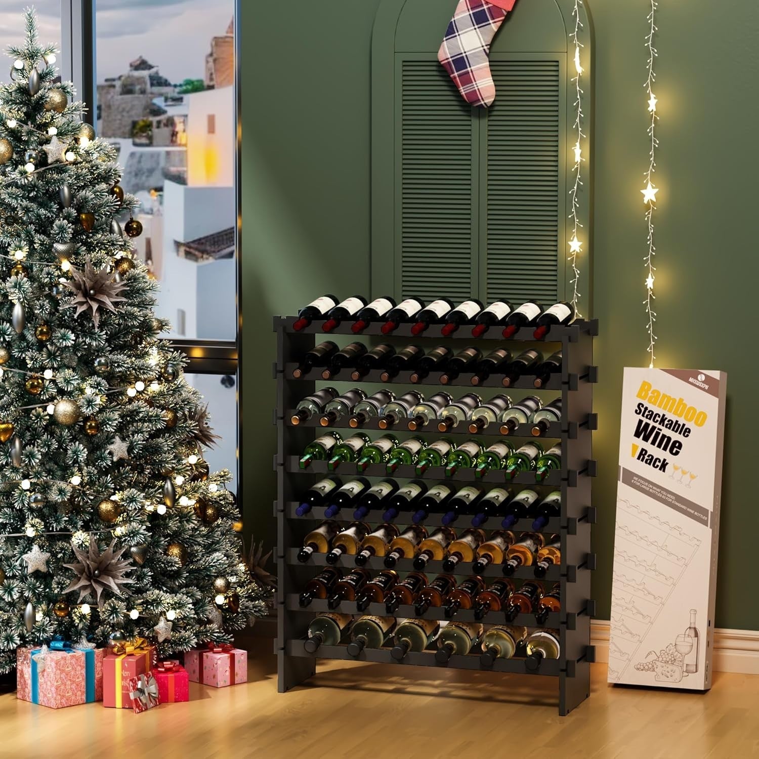 69 Bottle Wine Rack Floor Standing Black Bamboo 8-Tier Stackable Storage Shelf