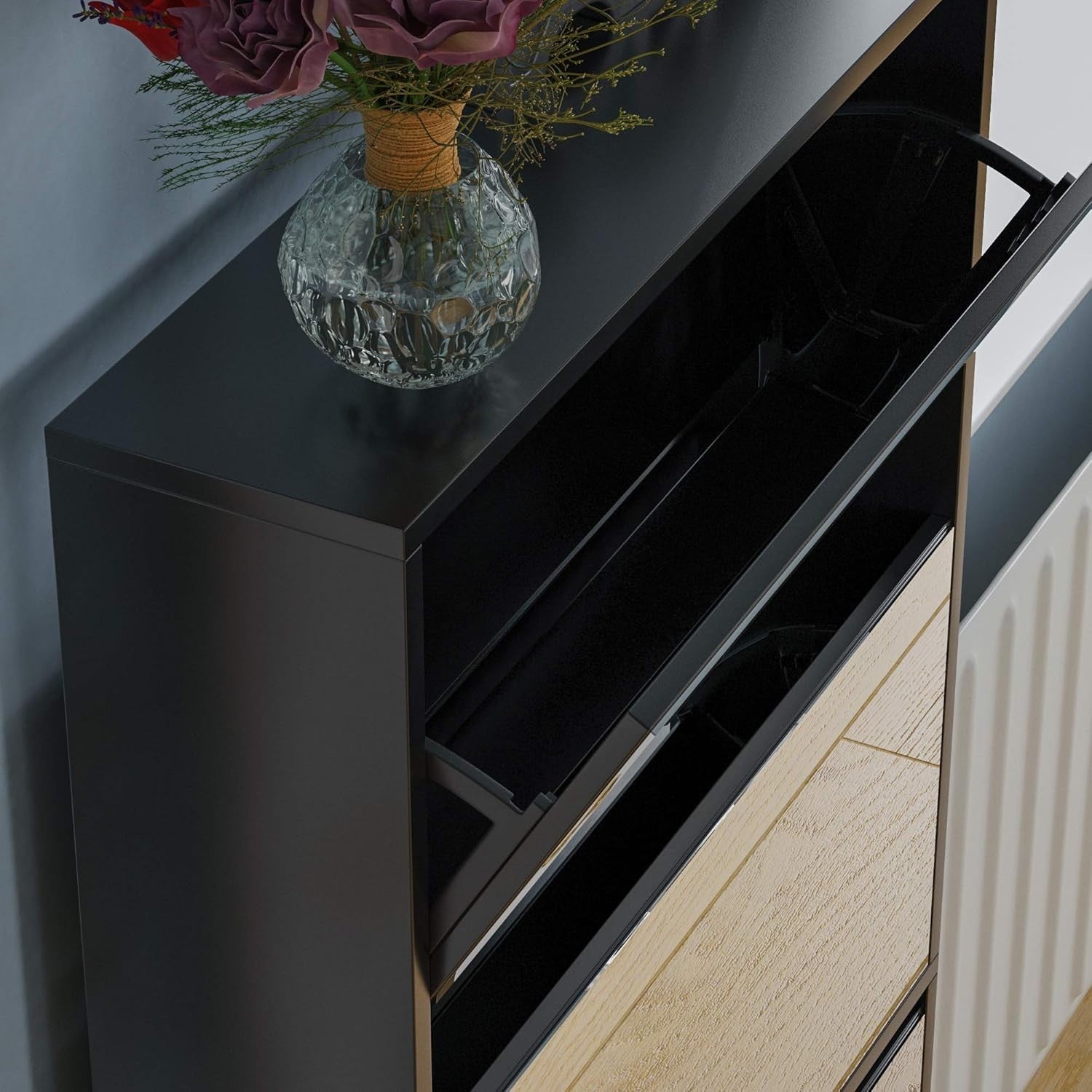 Mirrored Shoe Cabinet Black | 4 Drawer Slim Storage Unit 63x17x134cm