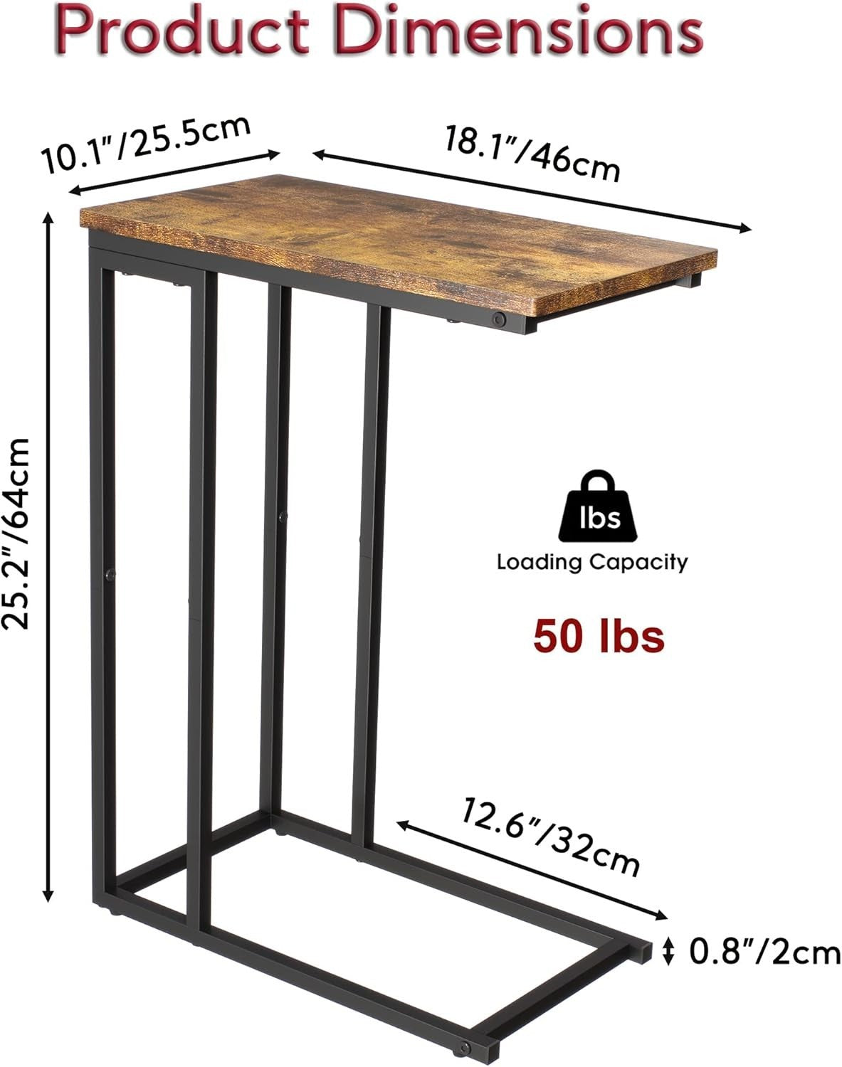 Slim C-Shaped Side Table for Sofa Bed, Rustic Brown Laptop & Snack Tray