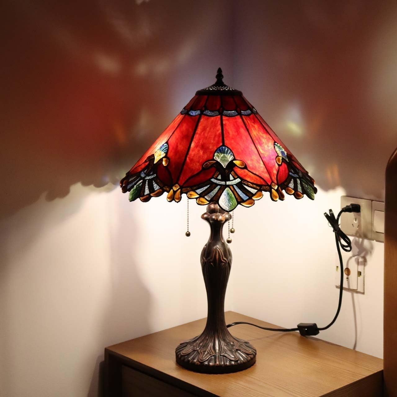 Baroque Red Tiffany Style Table Lamp 26" Tall, 2 E27 Bulbs, Handmade Shade